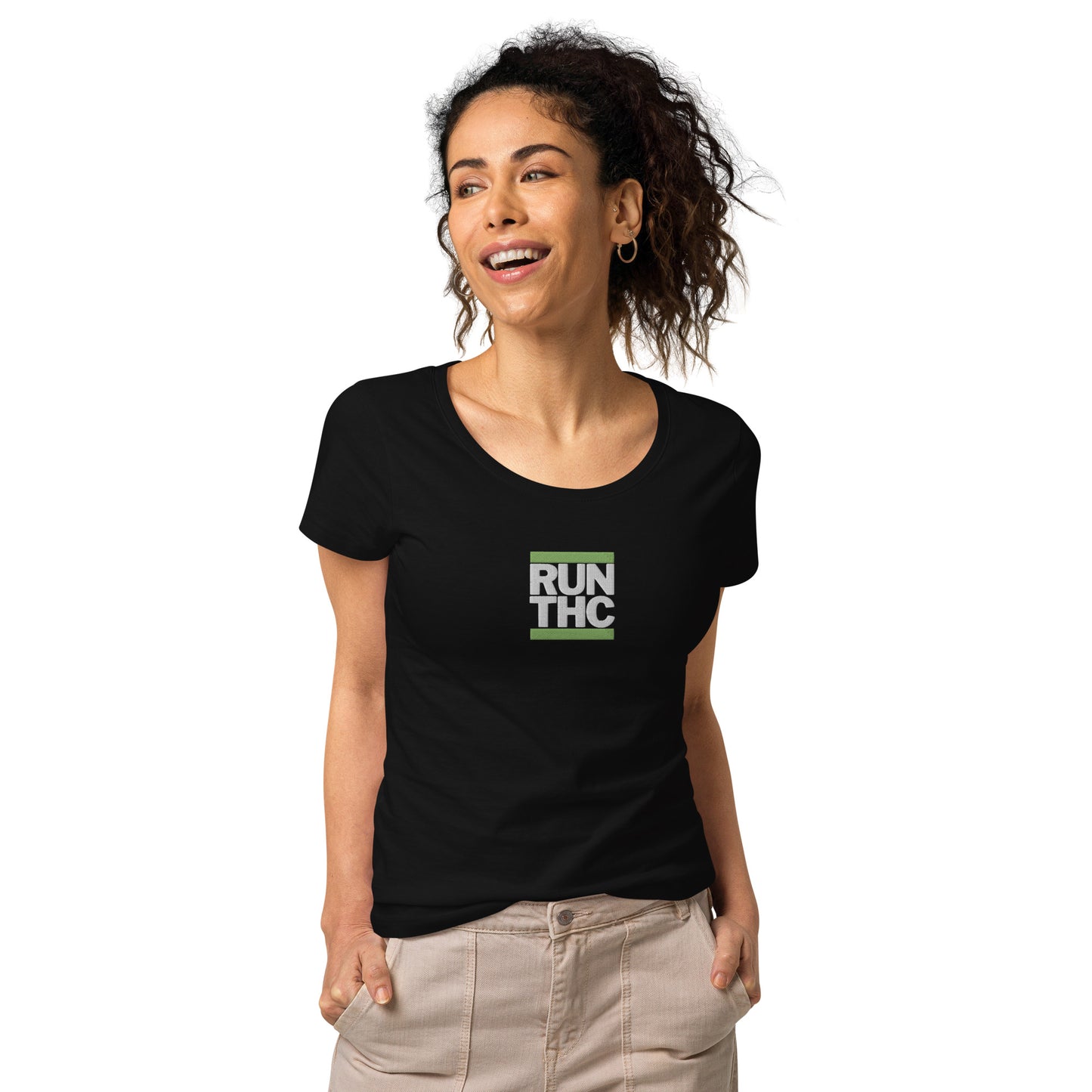 RUN THC | Women's Basic T-Shirt | 100% Organic Cotton | Slim Fit | Green Logo