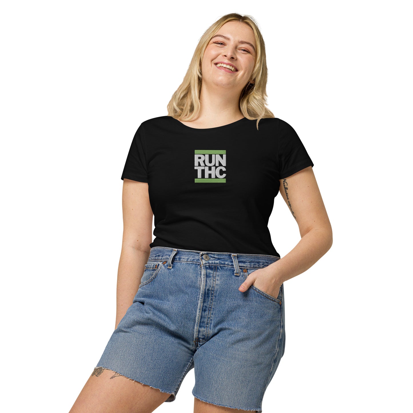 RUN THC | Women's Basic T-Shirt | 100% Organic Cotton | Slim Fit | Green Logo