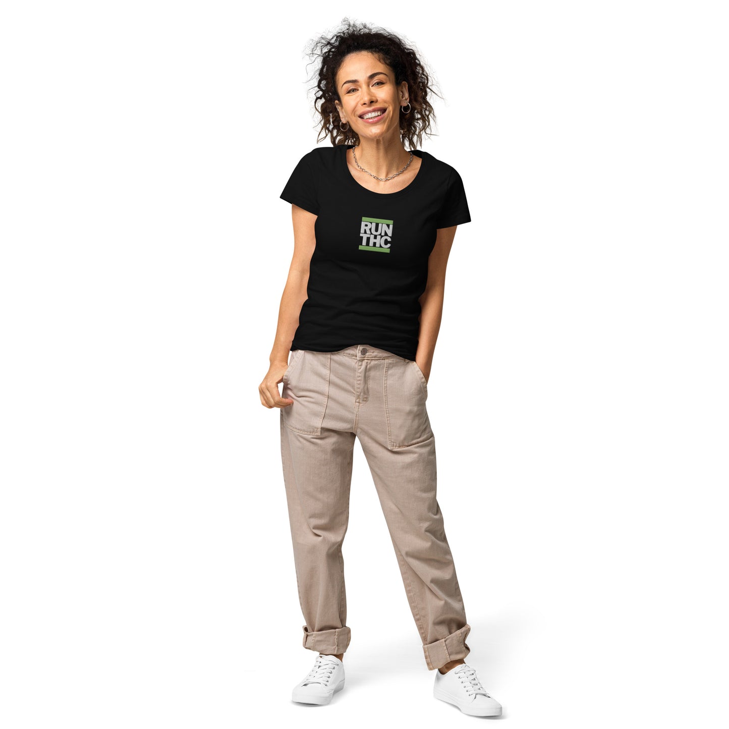 RUN THC | Women's Basic T-Shirt | 100% Organic Cotton | Slim Fit | Green Logo