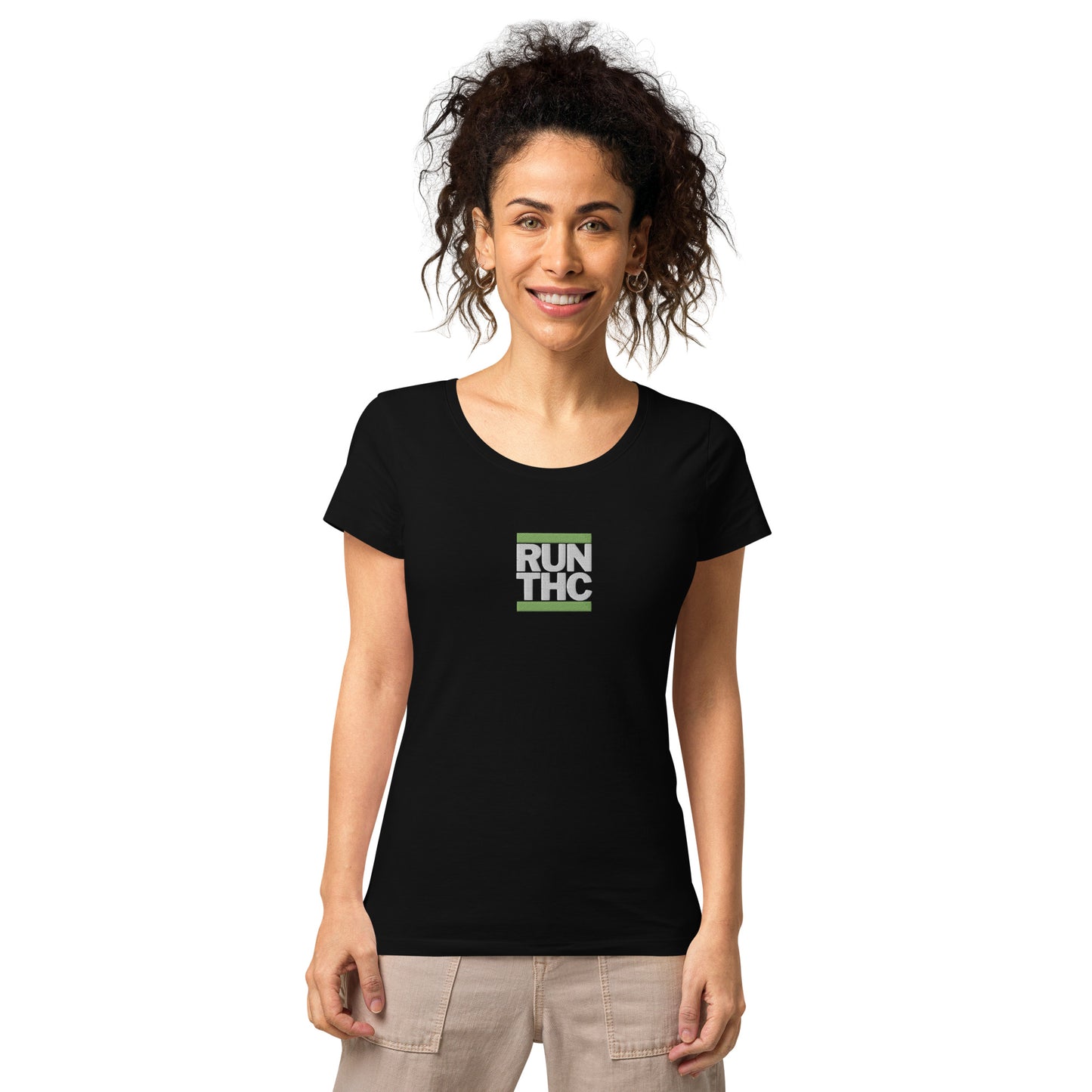 RUN THC | Women's Basic T-Shirt | 100% Organic Cotton | Slim Fit | Green Logo