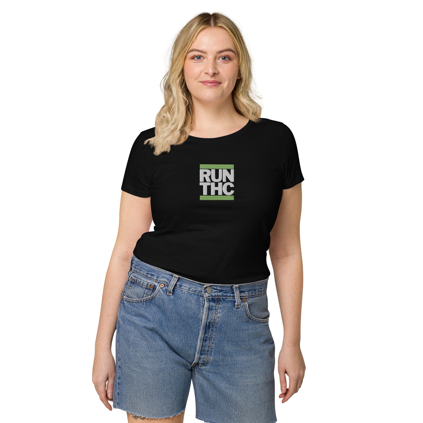 RUN THC | Women's Basic T-Shirt | 100% Organic Cotton | Slim Fit | Green Logo