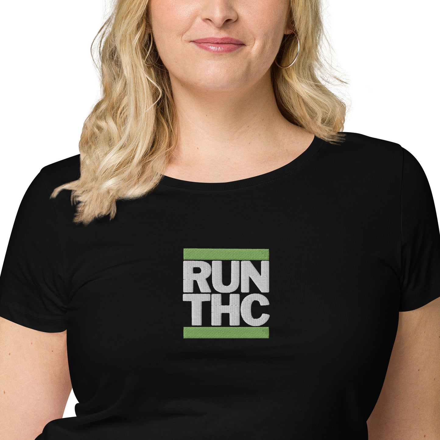RUN THC | Women's Basic T-Shirt | 100% Organic Cotton | Slim Fit | Green Logo