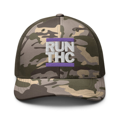 RUN THC | Camouflage Trucker Hat | Purple Embroidered Logo