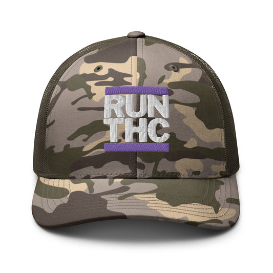 RUN THC | Camouflage Trucker Hat | Purple Embroidered Logo