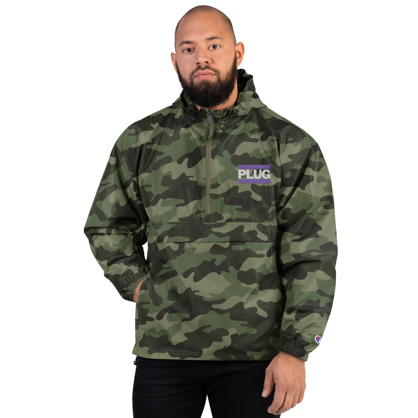 Embroidered Champion Packable Jacket | PLUG Purple Logo