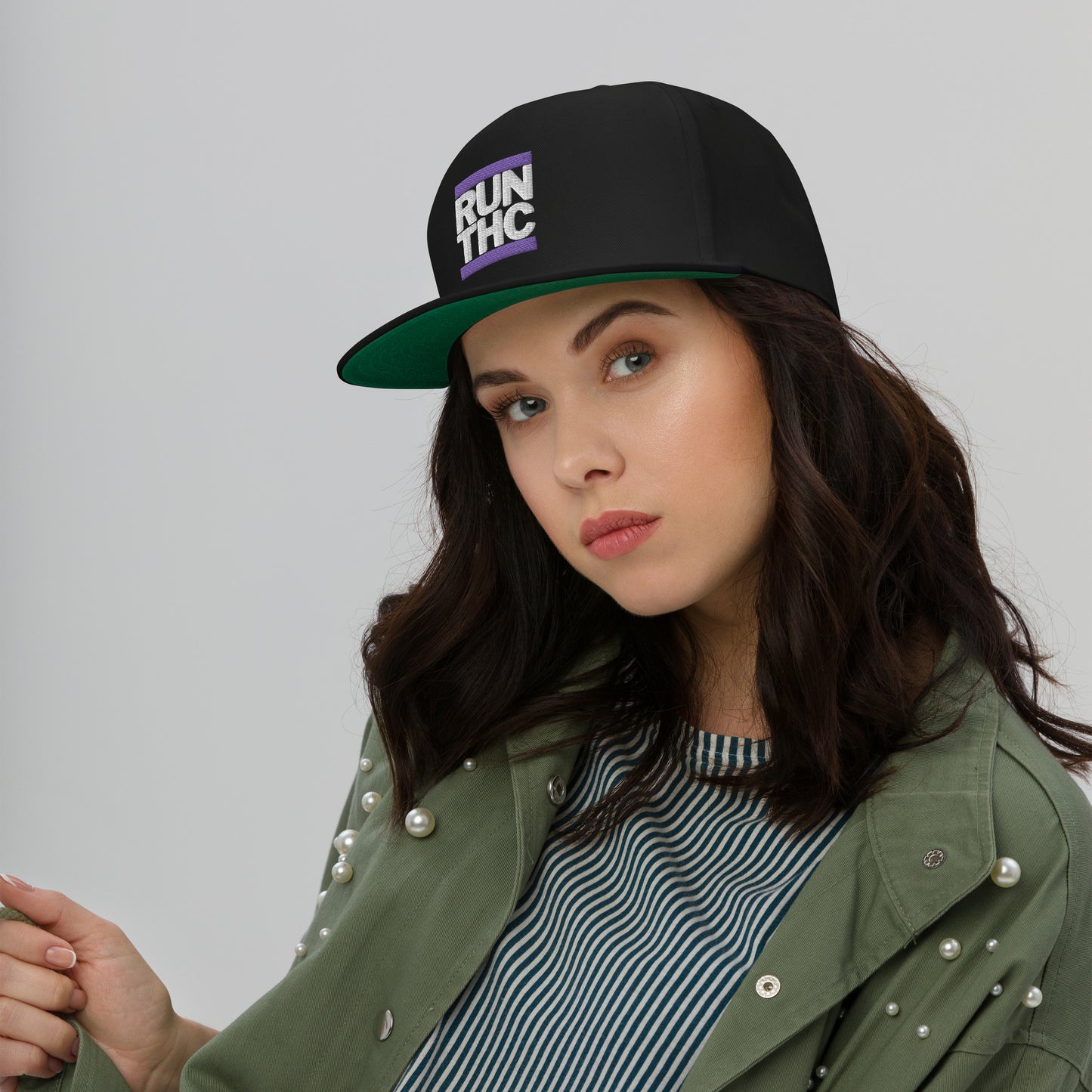 RUN THC | Flat Bill Hat | Purple Embroidered Patch | Green Undervisor