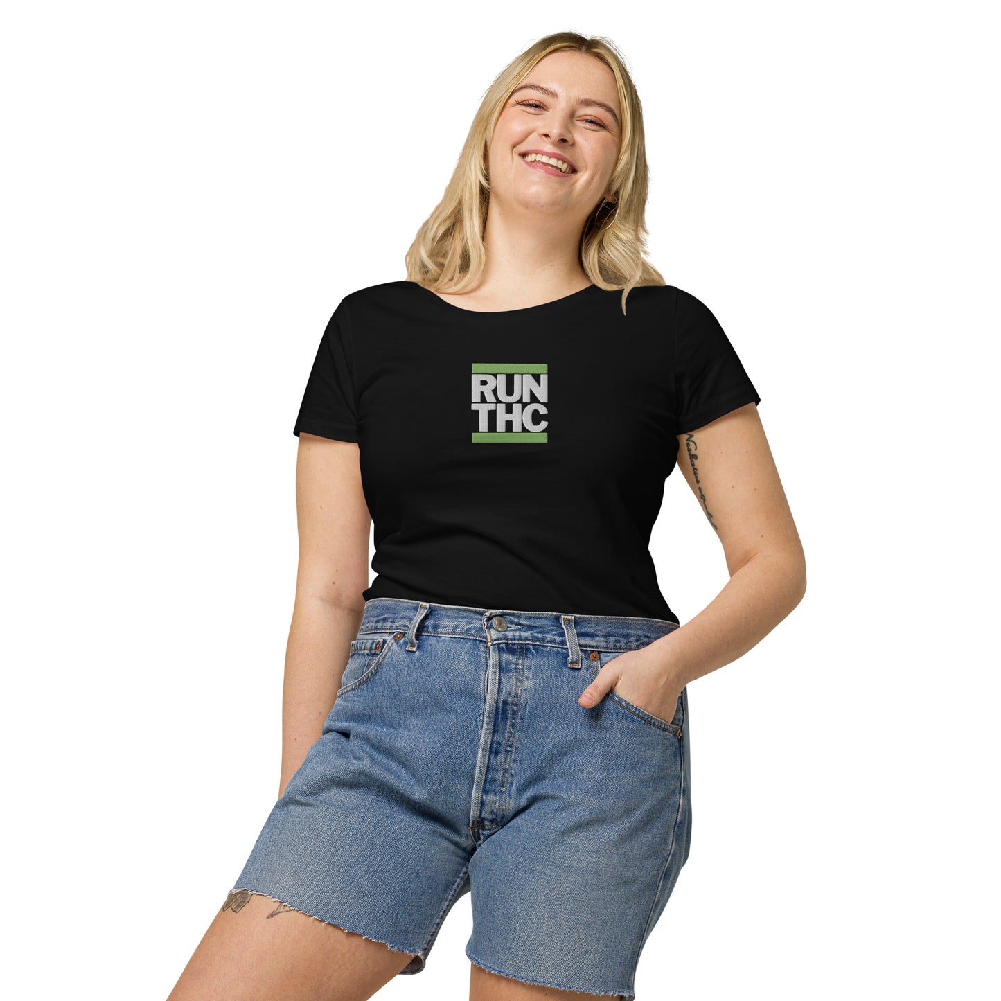 RUN THC | Women's | Basic T-Shirt | 100% Organic Cotton | Slim Fit | Green Logo