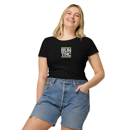 RUN THC | Women's | Basic T-Shirt | 100% Organic Cotton | Slim Fit | Green Logo