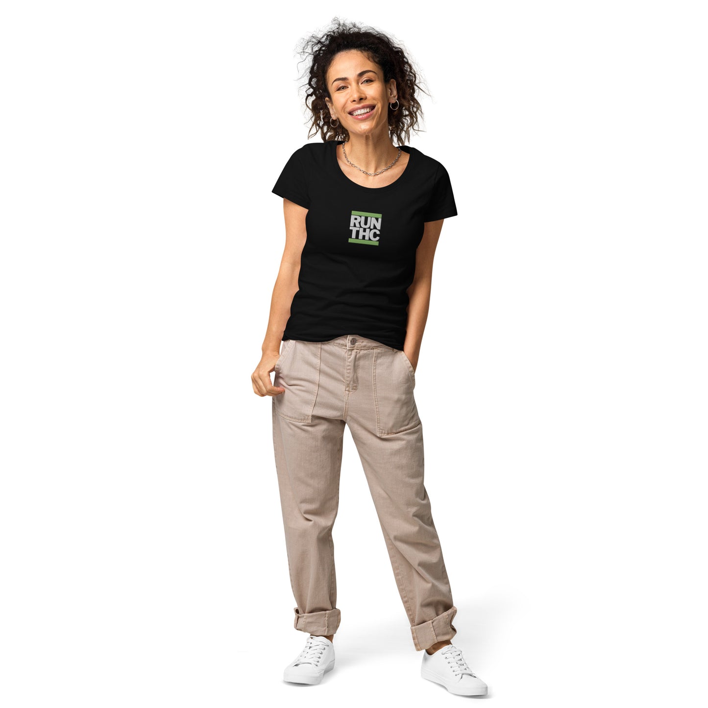 RUN THC | Women's | Basic T-Shirt | 100% Organic Cotton | Slim Fit | Green Logo