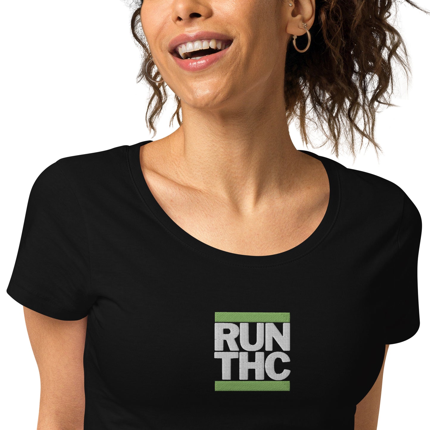 RUN THC | Women's | Basic T-Shirt | 100% Organic Cotton | Slim Fit | Green Logo