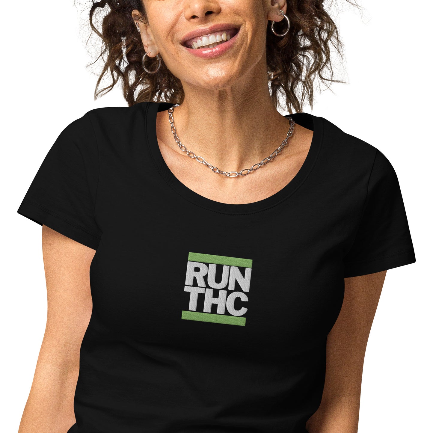 RUN THC | Women's | Basic T-Shirt | 100% Organic Cotton | Slim Fit | Green Logo